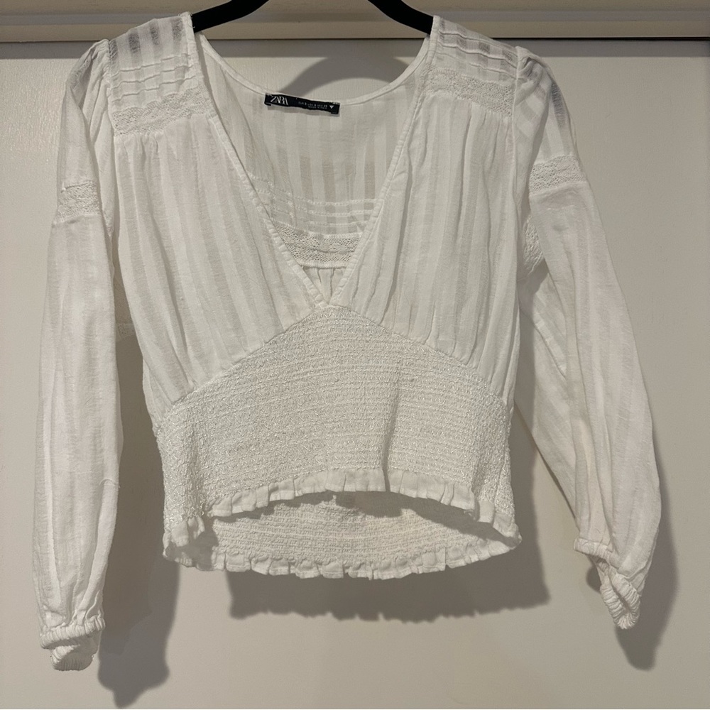Zara White Embroidered Linen Cropped Blouse